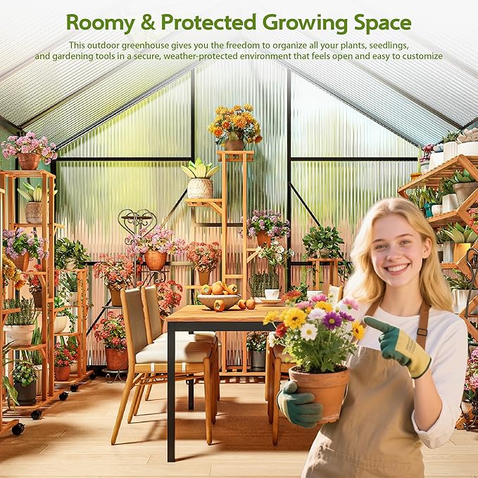 Wanan 8x16FT Greenhouses for Outdoors, Quick Assembly Green House with UV Protection, Heavy Duty Windproof Aluminum Frame, Adjustable Roof Vent for Backyard or Outdoor Garden Use
