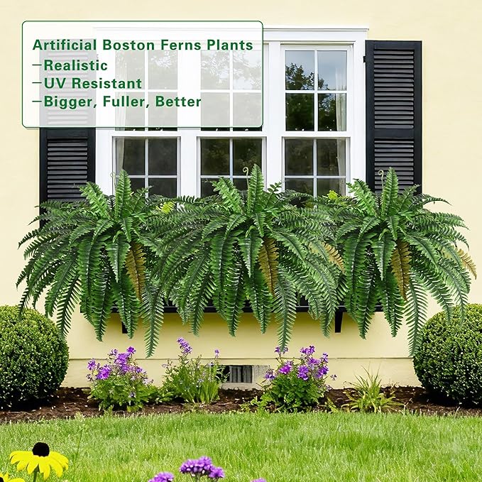 4PCS 45in Fake Ferns- Outdoor Faux Plants, Large UV Resistant Artificial Ferns for Outdoors, Weatherproof Faux Boston Fern Realistic Fake Artificial Plant for Porch Home Garden Patio Hanging Decor
