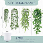 Der Rose 4Pcs Fake Plants Hanging Artificial Ivy Vine Faux Eucalyptus Hanging Plants, Boston Fern, String of Pearls for Living Room Bedroom Boho Wall Shelf Indoor Outdoor Decor (White Pots)