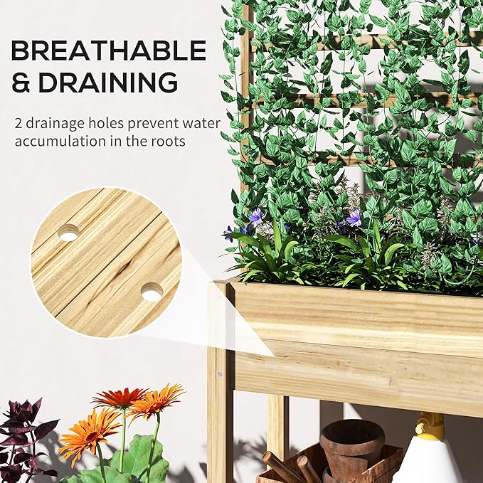 Outsunny Wooden Raised Garden Bed with Trellis, Elevated Planter Box with Storage Shelf, Drainage Holes and Liner, Outdoor Flower Box for Vegetables, Flowers, Herbs
