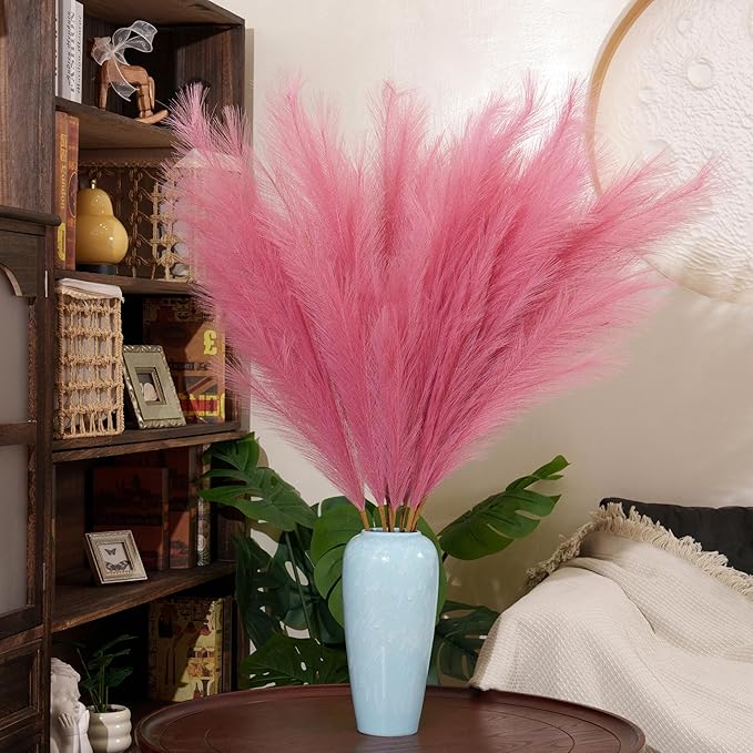 Premium Faux Dark Pink Pampas Grass – 43.3" Tall Fluffy Decor, 8pcs 18-Branch One-Piece Stems No Assembly, Luxury Silk-Feel Feather Flowers for Wedding Boho Home Decor (Magenta, 8 Stems / 110cm)