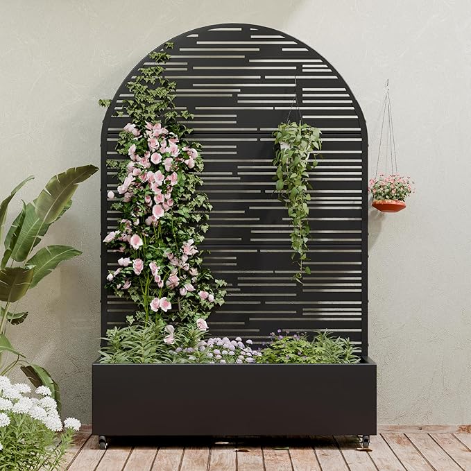 Casaphoria Metal Raised Garden Bed with Trellis and Wheels, 72"x47"x16" Arched Planter Box for Climbing Plants, Vegetables & Vines, Features Drainage Holes and Privacy Screen (Black-Shine)