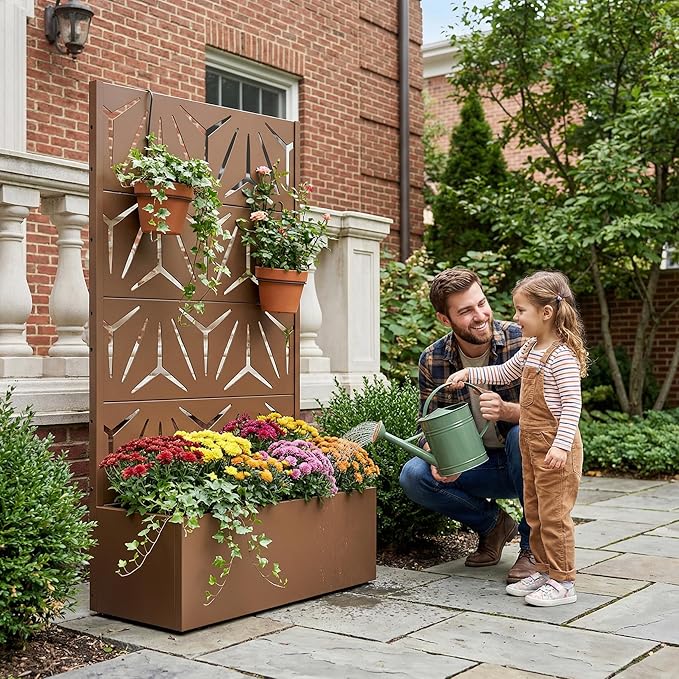 Casaphoria Metal Raised Garden Bed with Trellis, 59"x30"x12" Planter Box for Climbing Plants, Vegetables & Vines, Features Drainage Holes and Privacy Screen, Brown-Star