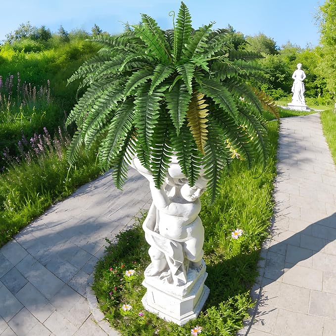 4PCS 45in Fake Ferns- Outdoor Faux Plants, Large UV Resistant Artificial Ferns for Outdoors, Weatherproof Faux Boston Fern Realistic Fake Artificial Plant for Porch Home Garden Patio Hanging Decor