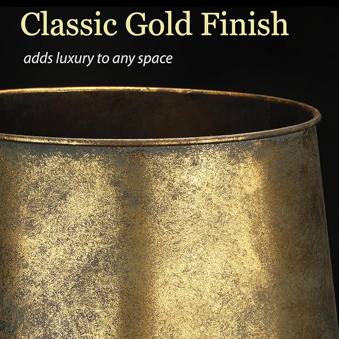Worth Garden Metal Planters Set of 2, Vintage Gold Round Decorative Containers Flower Pots - Classic Iron Plant Pot for Patio, Front Porch, Indoor Use - Large: 13.5"D x 13.8"H, Small: 9.8"D x 10"H