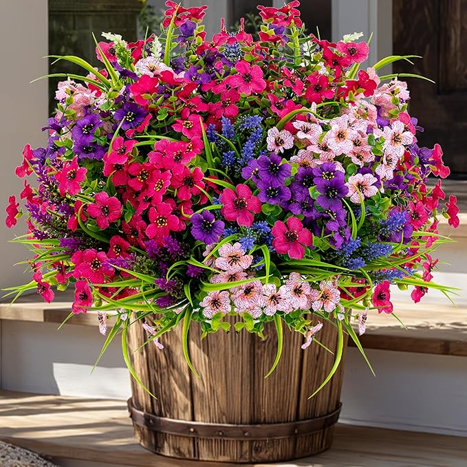 AXYLEX Artificial Flowers for Outdoors Fake Plants - 16 Bundles Faux Outside Greenery Boxwood No Fade Plastic Shrubs Fall Decor Farmhouse Home Garden Thanksgiving Mums (Mix White Purple Pink)