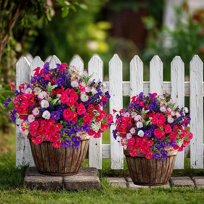 Artificial Flowers Outdoor Morning Glory - 16 Bundles Fake Plants UV Resistant No Fade Faux Plastic Greenery Home Garden Porch Decoration Indoor (1, Multi16-3)