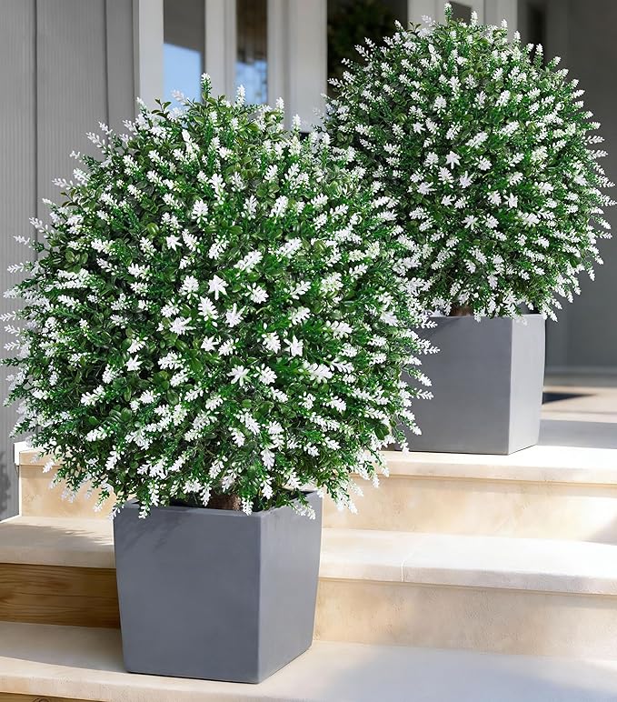 26'' Artificial Boxwood Topiary Trees with Lavender Flowers 2 Pack Fake Plants for Outdoor Indoor Artificial Shrubs with Metal Ground Spike UV Resistant Fake Bushes for Front Porch Garden, White