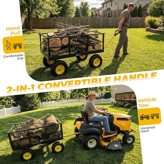 Sekey 1600 lbs Heavy Duty Steel Garden Cart for Farm & Construction, 12 Cu.Ft. Extra-Large Utility Wagon with Removable Sides, 2-in-1 Towable Handle, 13" Rubber Tires, Black