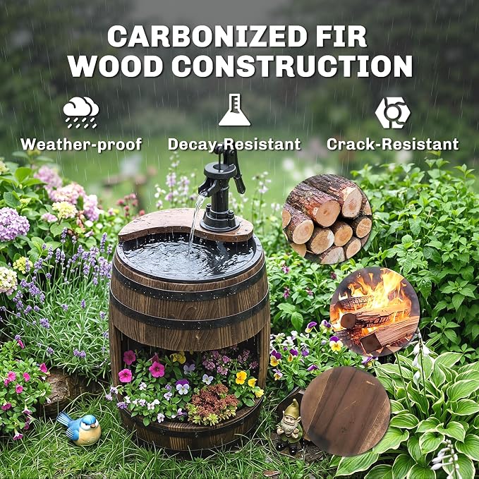 Outsunny 23" H Outdoor Water Fountain Wood and Plastic Rustic Apple Barrel Pump Garden Decor for Outside Backyard
