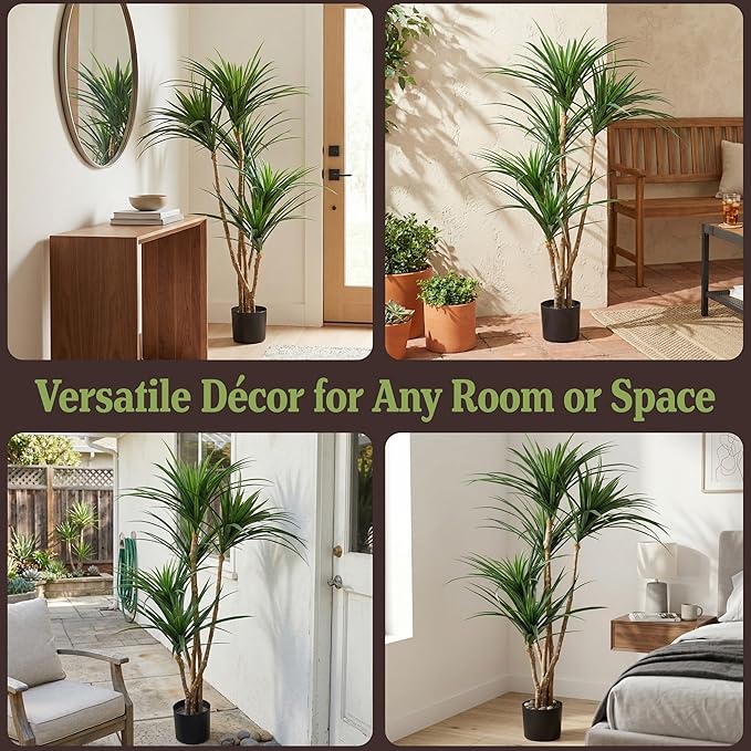 Pure Garden Artificial Tree - 51-Inch Tropical Yucca Plant with Rubber Leaves and Natural Trunk for Living Room, Bedroom and Office - Faux Plants