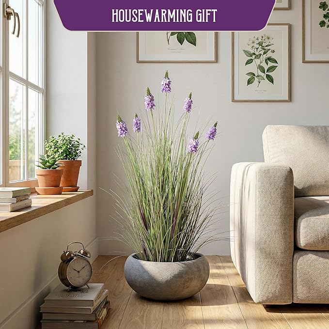 Artificial Plants Indoor Tall Grass Plants with Lilac Flower 47.2InTall Artificial Ornamental Grass Green Onions Outdoor Fake Plants with Black Pot Home Office Decorative (1 Pack,Purple)