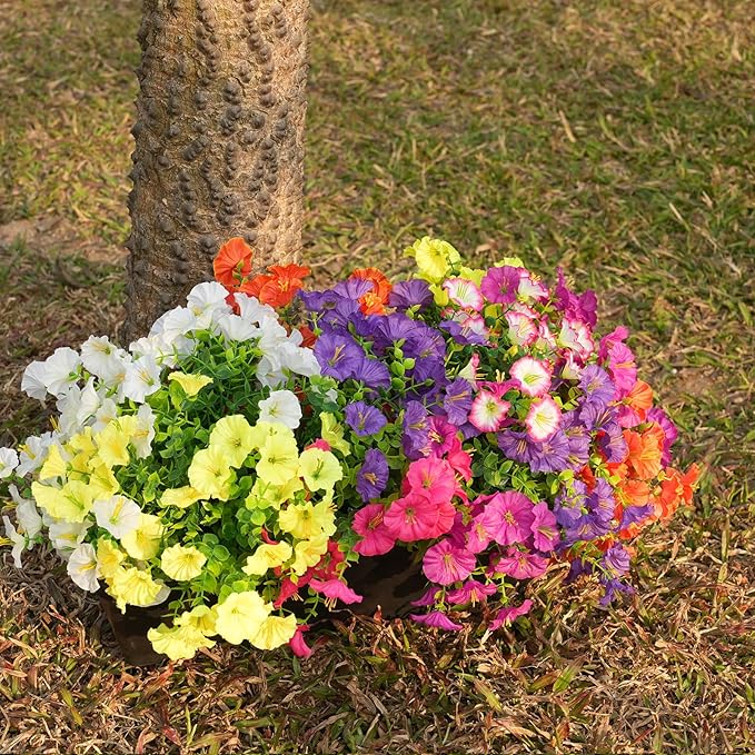 Fanfantoey Artificial Flowers for Outdoor, UV Resistant Fake Plants Outside Decoration, 14 Pcs Realistic Silk Morning Glory Faux Flowers for Porch Patio Gardens Home Decor(14, 4 Mixed)