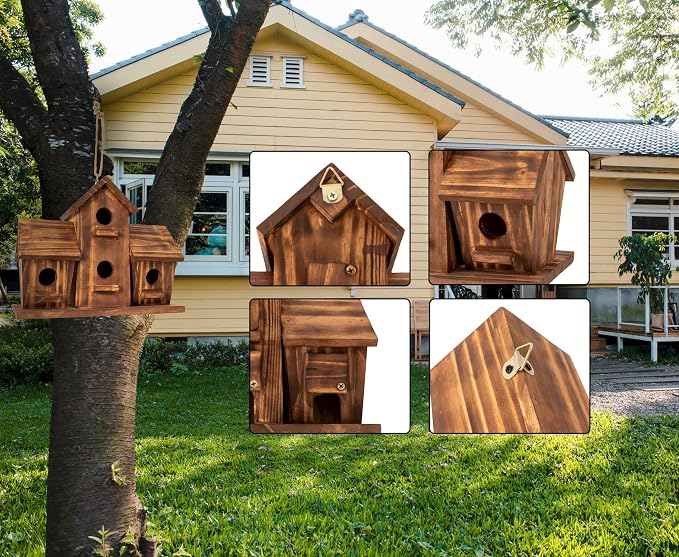 COLEBA Bird Houses for Outside, Outdoor 4 Hole Bird House Room for 4 Bird Families Bluebird Finch Cardinals Hanging Birdhouse for Garden