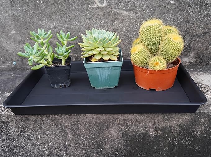 VUWEZ 2 Pack Plant Saucer Tray Rectangular, Plant Growing Nursery Trays, Heavy Sturdy Seed Starting Trays, Plants Starter Saucers for Indoors No Holes, Seed Starter Growing Tray (17.5"x10.6", Black)