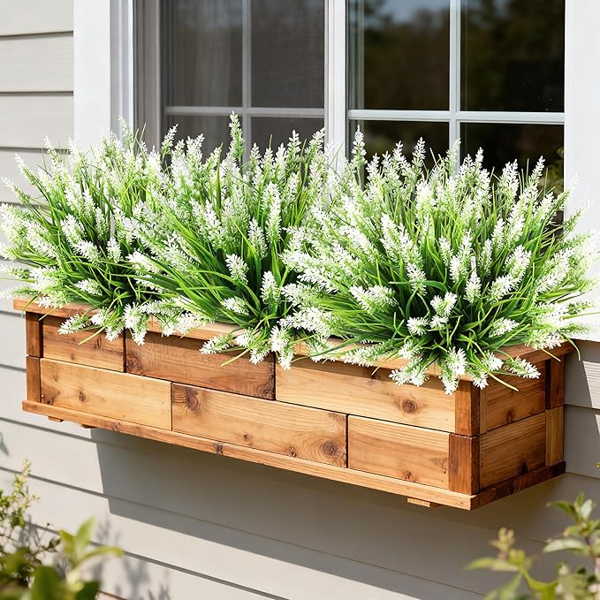 16 Bundles Artificial Plants Outdoor, UV Resistant Fake Lavender & Monkey Grass, Realistic Plastic Faux Plants for Balcony, Patio, Porch Greenery Decor, Planter Filler(White)