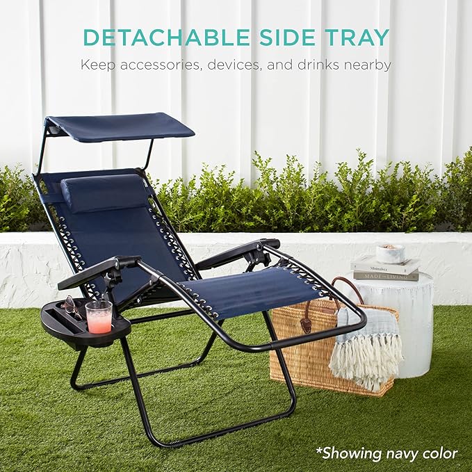 Best Choice Products Folding Zero Gravity Outdoor Recliner Patio Lounge Chair w/Adjustable Canopy Shade, Headrest, Side Accessory Tray, Textilene Mesh - Sage Green