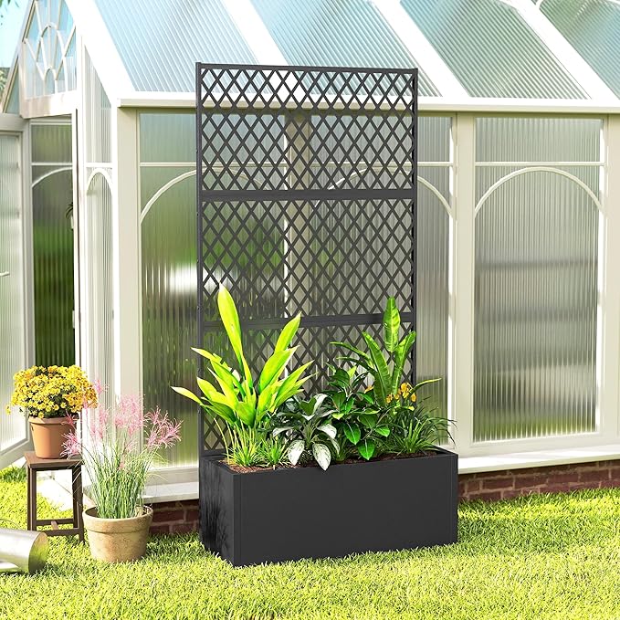 Outsunny Metal Planter Box with Trellis, Raised Garden Bed with Trellis Privacy Screen and Drainage Holes for Climbing Plants, Diamond Lattice Privacy Planter for Garden, Patio, Balcony