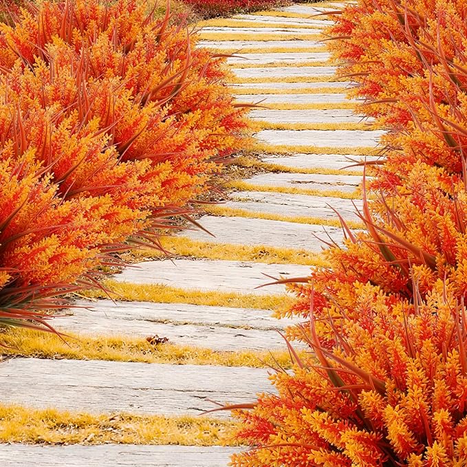 Geegoods 24 Bundles Artificial Fall Flowers Outdoor – Faux Lavender Flowers with Monkey Grass UV Resistant Plastic Faux Plants for Garden Porch Patio Home Decor, Autumn-red Color (Pack of 2)