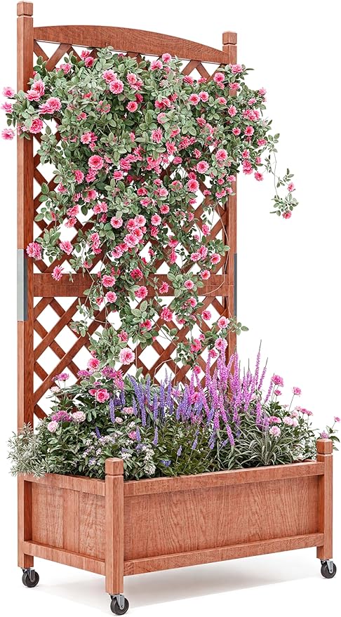 Wood Planter Box with Diamond Lattice Trellis, Raised Garden Bed with Trellis & Wheels, Privacy Planters for Patio, Planter Box with Drainage Holes for Climbing Plants, Flower, 61"x 26"x 30"