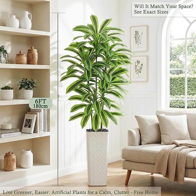 Artificial Dracaena Tree：7FT Faux Silk Tropical Yucca Floor Trees Realistic Fake Green Plant with Natural Wood Trunk & Lifelike Leaves for Home Office Decor Indoor & Outdoor (7FT,1-Pack,White)