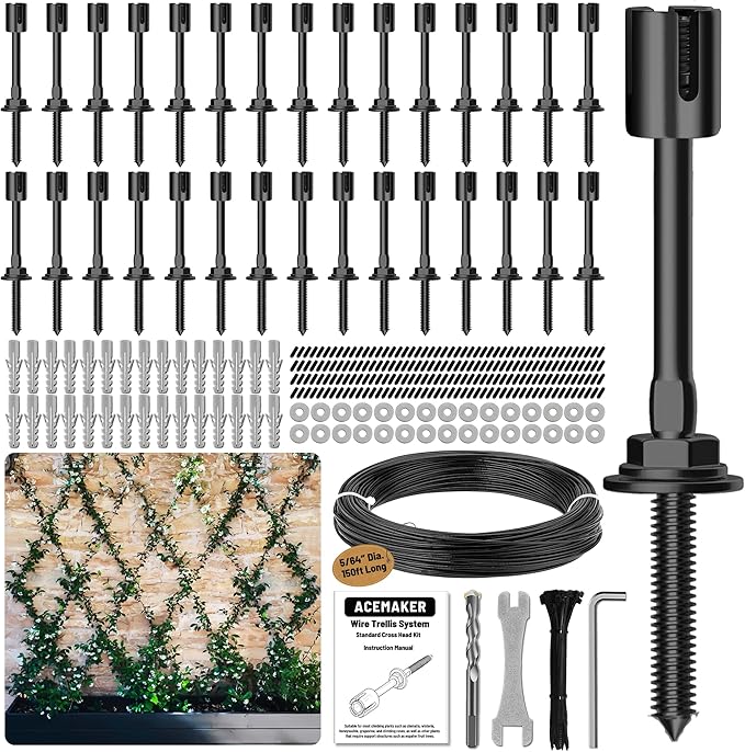 30-Set Black 5/64" (2mm) Wire Trellis for Climbing Plants Outdoor with 150ft Vinyl Coated Cable, T316 Stainless Steel Wall Wire Trellis Kit