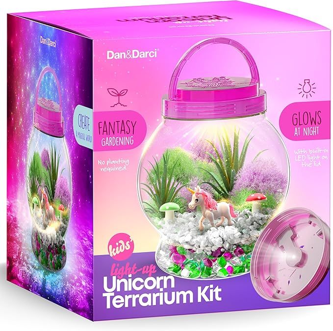 Dan&Darci Light-Up Unicorn Terrarium Kit for Kids - Kid Birthday Gifts - Best Unicorn Toys & Activities Kits Presents - Arts & Crafts for Girls & Boys Age 4 5 6 7 8-12 Year Old Girl Gift