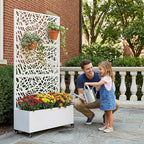 Casaphoria Metal Raised Garden Bed with Trellis and Wheels, 72"x35"x16" Planter Box for Climbing Plants, Vegetables & Vines, Features Drainage Holes and Privacy Screen, White-Net