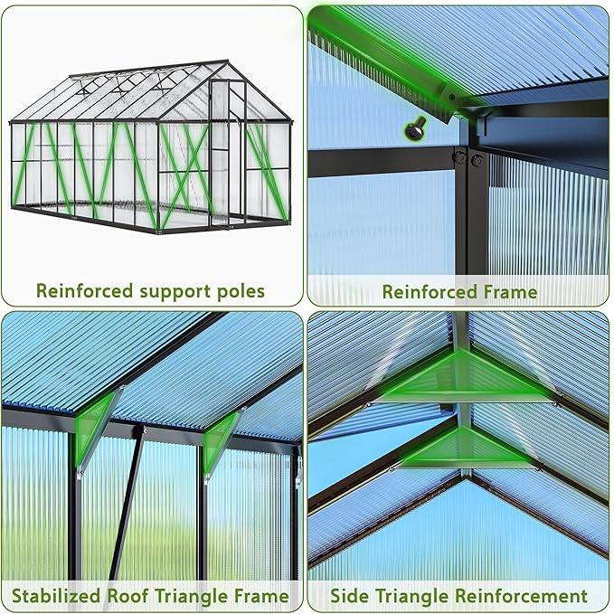 Wanan 8x16FT Greenhouses for Outdoors, Quick Assembly Green House with UV Protection, Heavy Duty Windproof Aluminum Frame, Adjustable Roof Vent for Backyard or Outdoor Garden Use