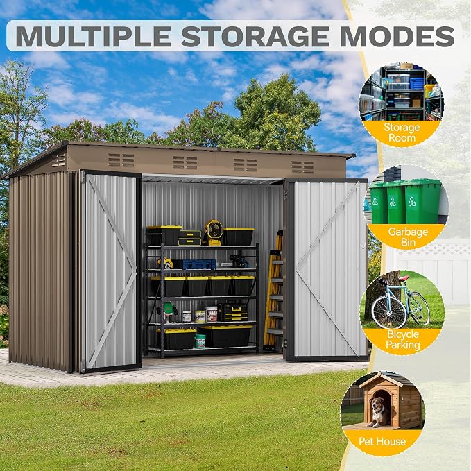 DWVO 9 x 4' Outdoor Storage Shed, Large Metal Tool Sheds, Heavy Duty Storage House with Lockable Doors & Air Vent for Backyard Patio Lawn to Store Bikes, Tools, Lawnmowers, Brown