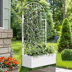 Casaphoria Metal Raised Garden Bed with Trellis and Wheels, 72"x35"x16" Arched Planter Box for Climbing Plants, Vegetables & Vines, Features Drainage Holes and Privacy Screen, White-Grid