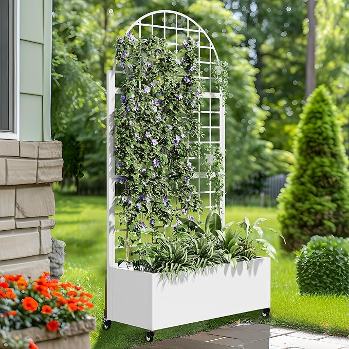 Casaphoria Metal Raised Garden Bed with Trellis and Wheels, 72"x35"x16" Arched Planter Box for Climbing Plants, Vegetables & Vines, Features Drainage Holes and Privacy Screen, White-Grid
