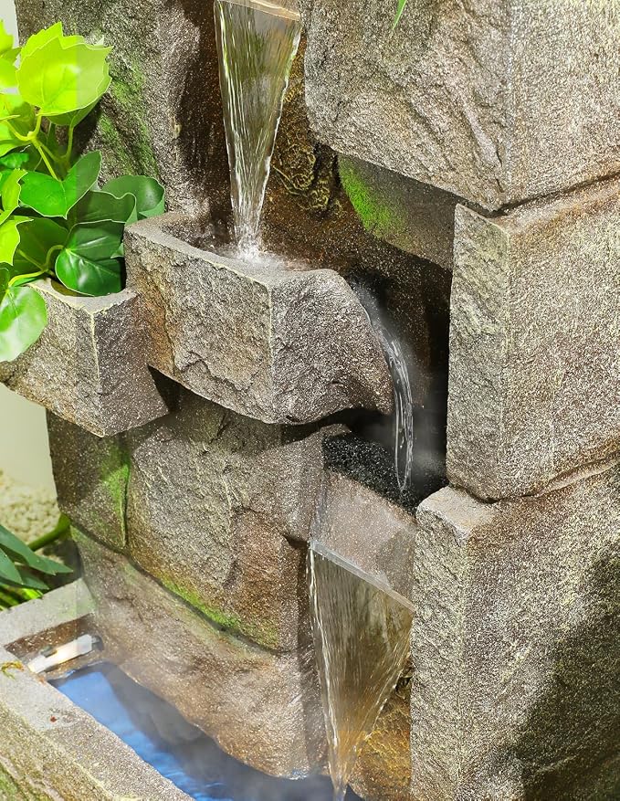 41.7" Outdoor Water Fountains 3 Tier Modern Floor-Standing Fountain with LED Lights and Pump Outdoor Rock Waterfall Fountain for Garden, Yard, Porch, Patio, Home Decor, Yellow