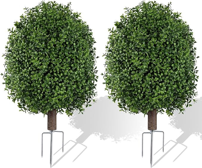 INSPRING 27'' Artificial Boxwood Topiary Trees Outdoor Fake Bushes Plants UV Resistant Evergreen Shrubs with Metal Ground Spike for Porch Patio Garden, 2 Pack