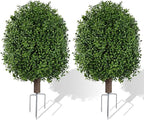 INSPRING 27'' Artificial Boxwood Topiary Trees Outdoor Fake Bushes Plants UV Resistant Evergreen Shrubs with Metal Ground Spike for Porch Patio Garden, 2 Pack
