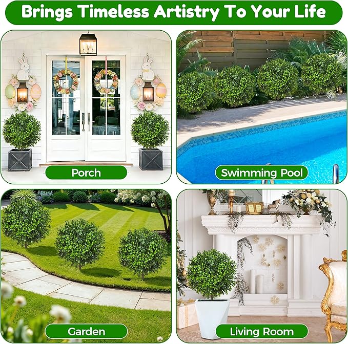 21.6 Inch Artificial Boxwood Topiary Bushes, Set of 4 Fake Shrubs, UV Resistant Plants Faux Topiary Ball Tree for Outdoor Garden Patio Front Porch & Indoor Decor