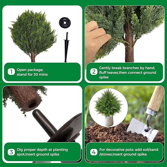 24.5 Inch (H) Artificial Cedar Topiary Ball Trees, Set of 4 UV Resistant Fake Shrub Bushes with Ground Spikes, Faux Outdoor Plants for Garden, Patio, Front Porch & Indoor Decor (4)