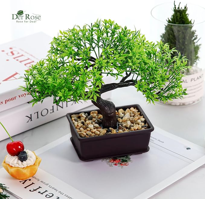 Der Rose 8 Inch Artificial Bonsai Tree Small Fake Plants Decor for Bathroom Office Desk Table Shelf Japanese Zen Ficus Decor Indoor