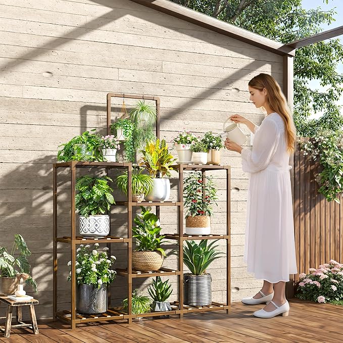 EnHomee Plant Stand Indoor Tall Plant Stand Outdoor Large Wood Plants Shelf with 10-12 Pots for Patio, Living Room, Garden, Balcony, 34.5" Wx47.3 Hx11.78 D