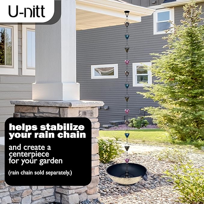 U-nitt 12" Spill Bowl Downspout Catch Basin for Rain Chain Anchoring & Stake | Rainwater Collection for Roof |Gutter Catch Basin | Good for Water Fountain & Birdbath | Black | Handles Heavy Rain
