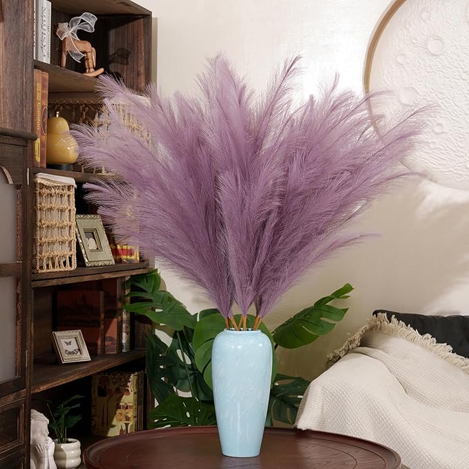 Premium Faux Lilac Purple Pampas Grass – 43.3" Tall Fluffy Decor, 8pcs 18-Branch One-Piece Stems No Assembly, Luxury Silk-Feel Feather Flowers for Boho Wedding Dreamy Home Decor, Lavender 8 Stems110cm