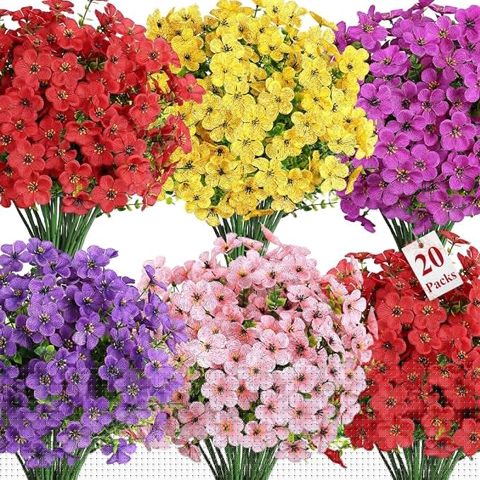 Alupssuc 20 Bundles Artificial Flowers for Outdoor Indoor Decoration, UV Resistant No Fade Fake Plants Eucalyptus, Colorful Faux Spring Flowers for Outside Yard Porch Patio Garden Home Window Box