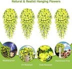 Artificial Hanging Flowers for Outdoors, 4 PCS 600 Blooms UV Resistant Morning Glory Faux Silk Vines, No-Odor Realistic Fake Plants for Garden Planter Porch Patio Decoration, Yellow