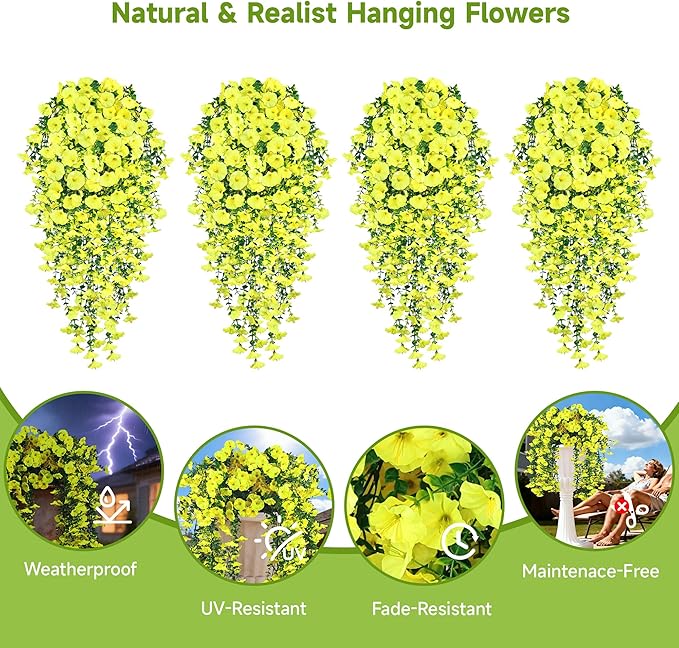 Artificial Hanging Flowers for Outdoors, 4 PCS 600 Blooms UV Resistant Morning Glory Faux Silk Vines, No-Odor Realistic Fake Plants for Garden Planter Porch Patio Decoration, Yellow