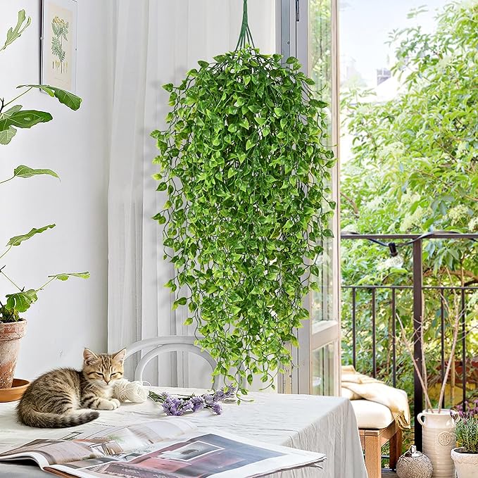 Waipfaru 4Pcs Artificial Hanging Plants, Fake Vines Boston Ivy Fake Hanging Plants for Outdoors UV Resistant Ivy Artificial Plants Faux Plants Indoor Living Room Boho Wall Porch Shelf Decor