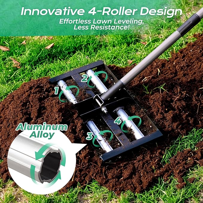 Suchtale Lawn Leveling Rake with Aluminum Rollers, 17"x10" Levelawn Tool, Heavy-Duty Stainless Steel Lawn Leveler with 61" Adjustable Long Handle, Lawn Leveler for Smooth Soil,Garden,Golf Course,Farm