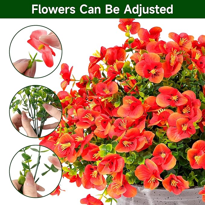 Artificial Flowers for Outdoor, UV Resistant Fake Silk Pansies Flowers, Realistic Faux Plants for Outside Indoor Porch Patio Window Box Planter Home Decor (16, Red)