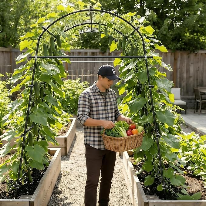 7Ft Adjustable Garden Arch Trellis for Climbing Plants Outdoor, Heavy Duty Rustproof Stainless Steel Cucumber Trellis for Raised Beds, Tall Metal Plant Support for Tomato, Squash, Beans, Flowers
