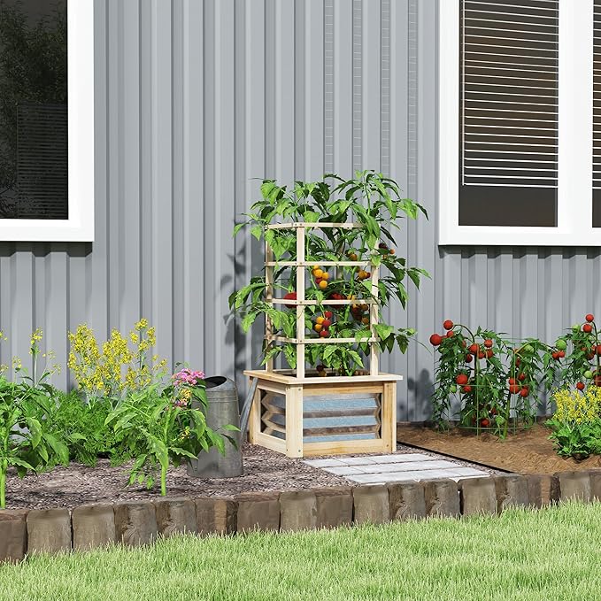 Outsunny Raised Garden Bed with Trellis, Wooden Planter Box with Galvanized Steel Sides, Raised Flower Bed for Climbing Plants, Flowers, Fruits and Vegetables, Natural Wood