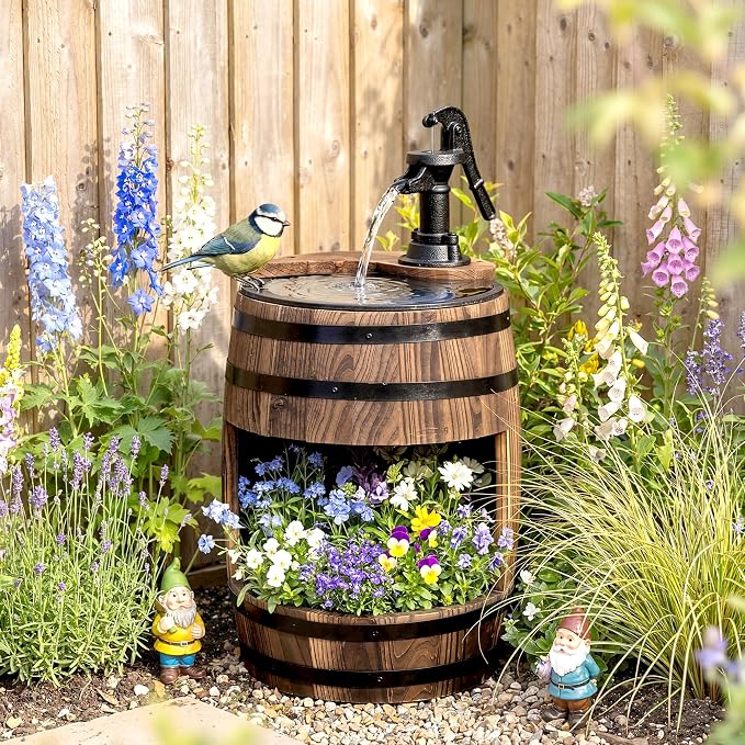 Outsunny 23" H Outdoor Water Fountain Wood and Plastic Rustic Apple Barrel Pump Garden Decor for Outside Backyard